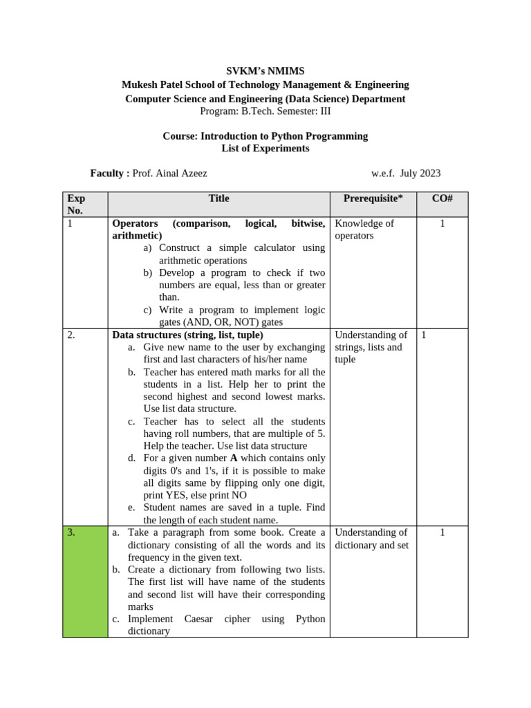 Python Programming Lab Experiments | PDF | Experiment | Python ...