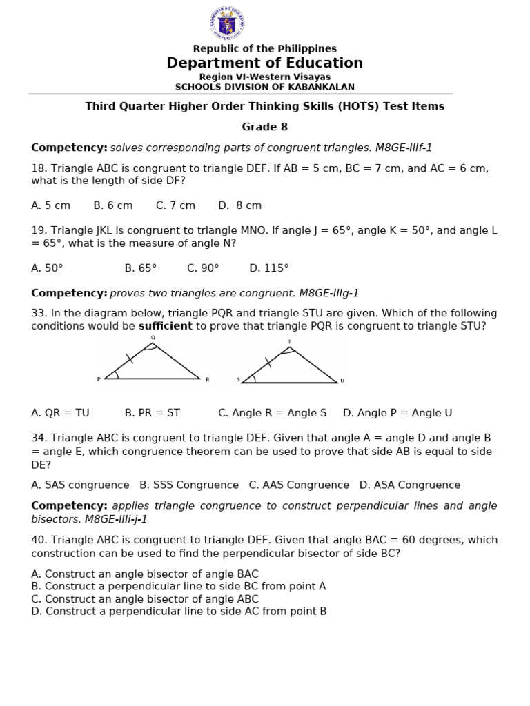 Grade 8-11 HOTS Test Items Philippines | PDF | Triangle | Variance