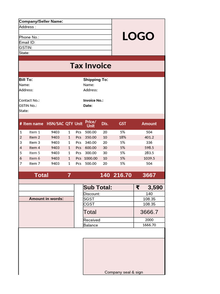 Furniture Invoice Template with GST | PDF