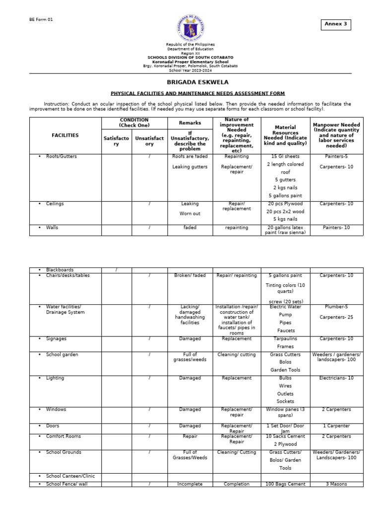 Brigada Eskwela Facilities Assessment Form | PDF | Carpentry | Building ...