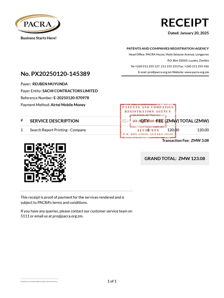 PACRA Receipt for Company Search Report | PDF