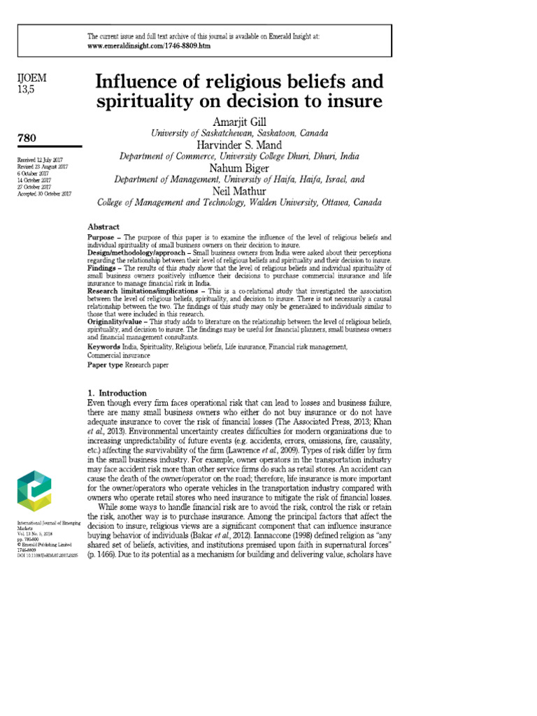 Influence of Religious Beliefs and Spirituality On Decision To Insure | PDF