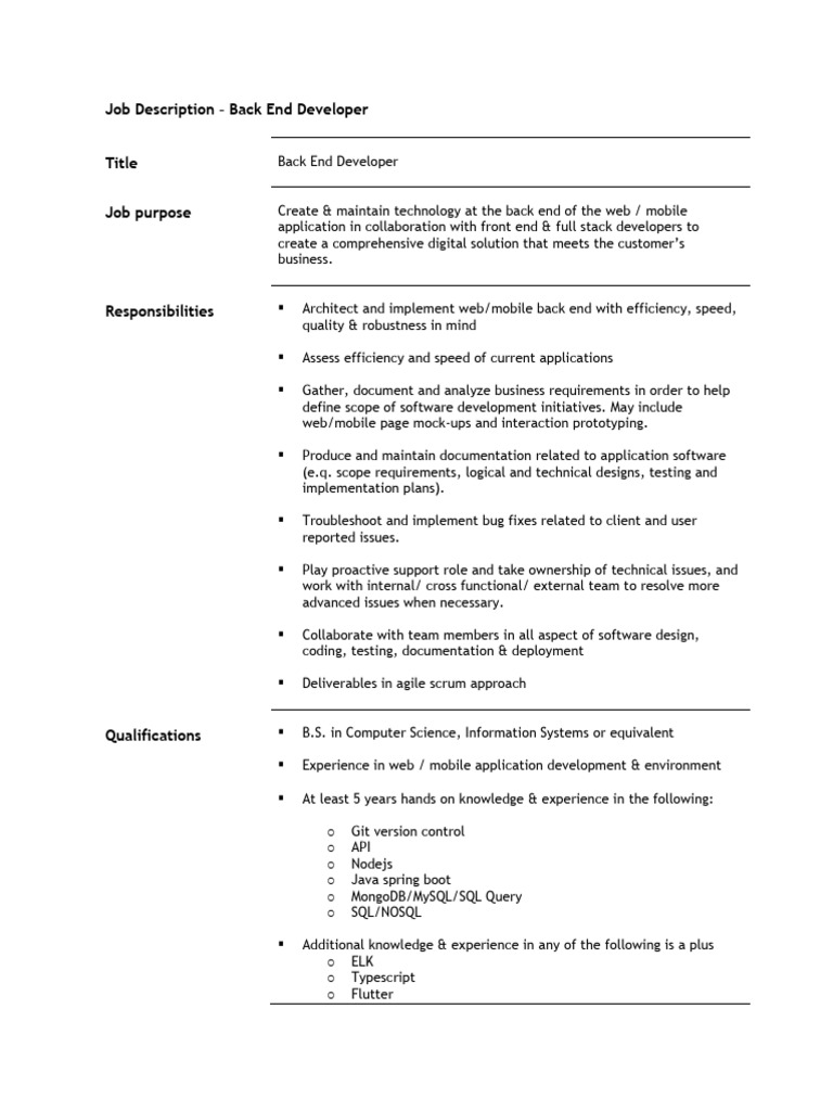 Back End Developer Job Description | PDF | Software Development | Software