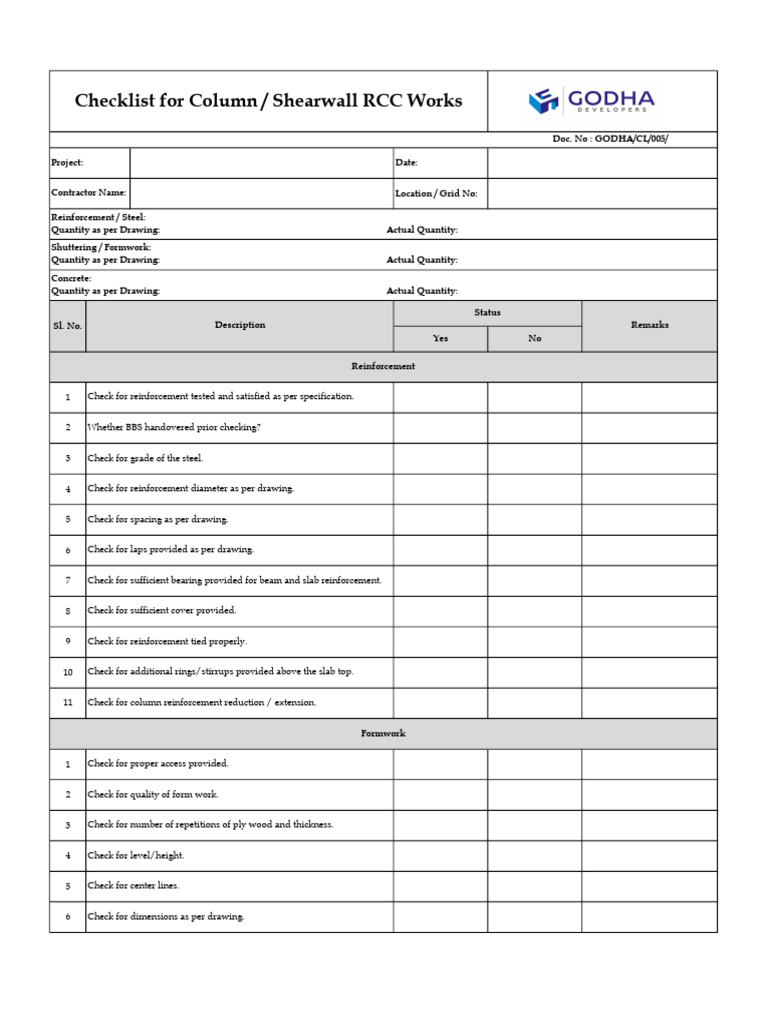 RCC Works Checklist for Construction | PDF | Concrete | Structural ...