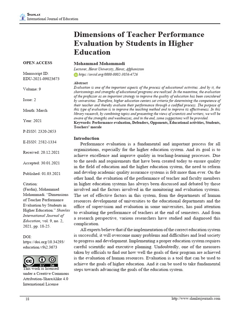 Dimensions Of Teacher Performance Evaluation By Students In Higher