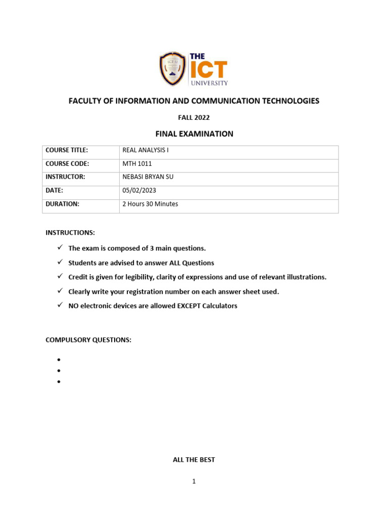Real Analysis I Final Exam 2022 | PDF | Limit (Mathematics) | Real Number