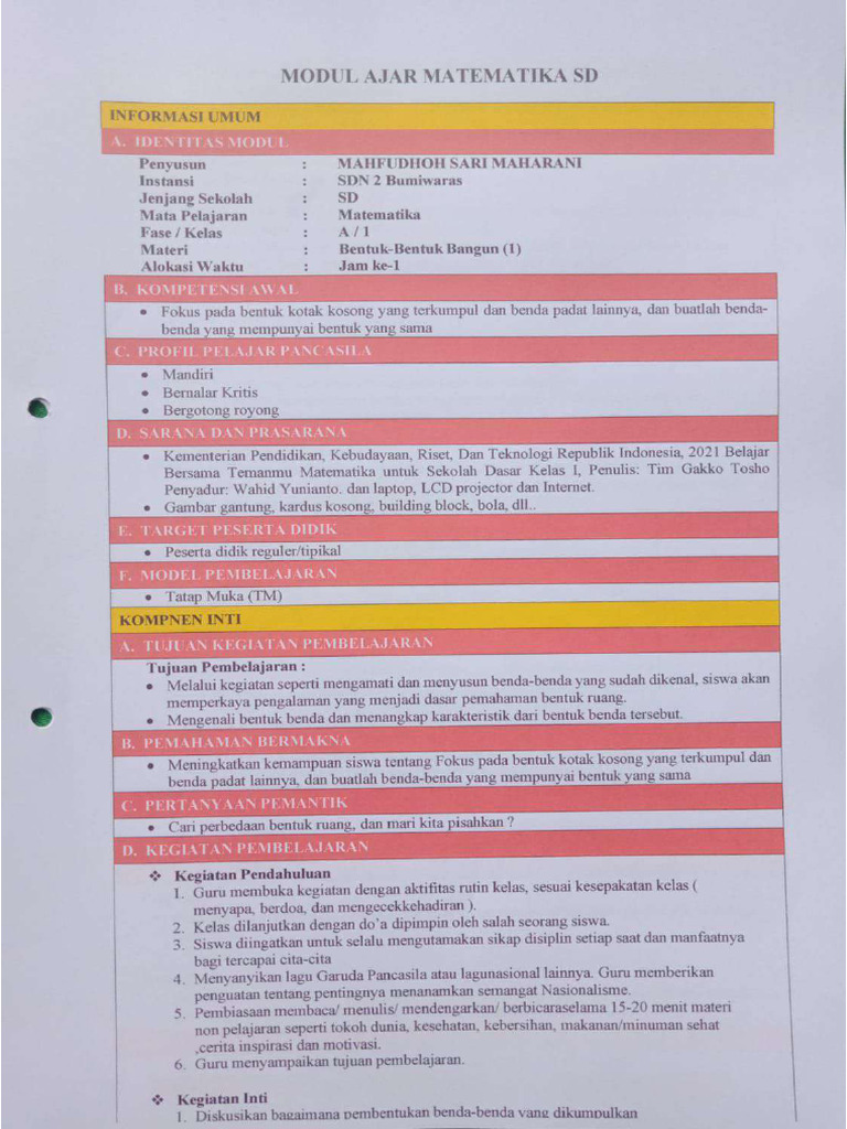 Modul Ajar Matematika Kelas 1 | PDF