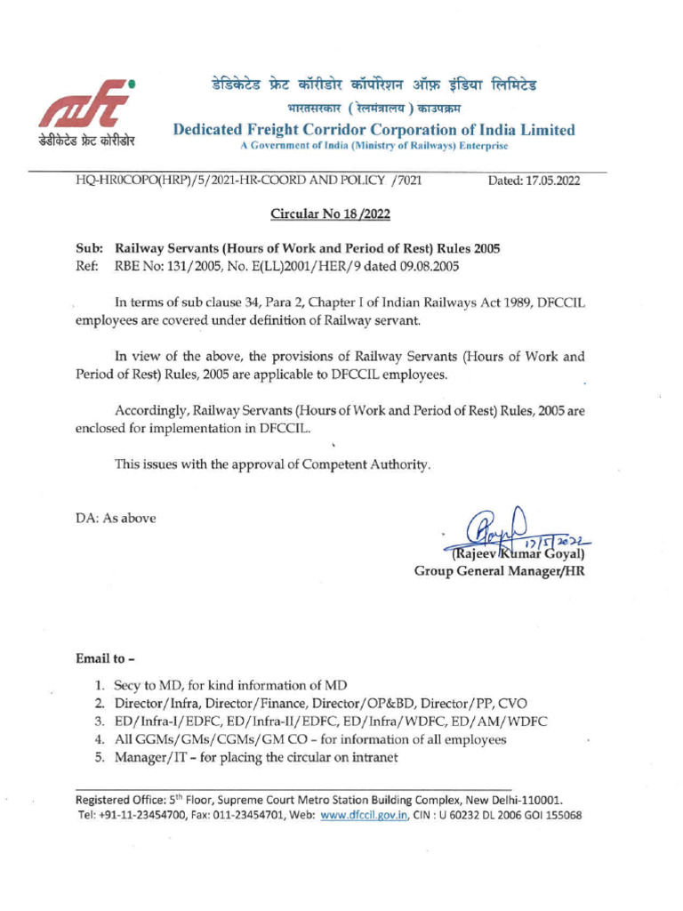 Railway Servants (Hours of Work and Period of Rest) Rules 2005 Dated 17 ...