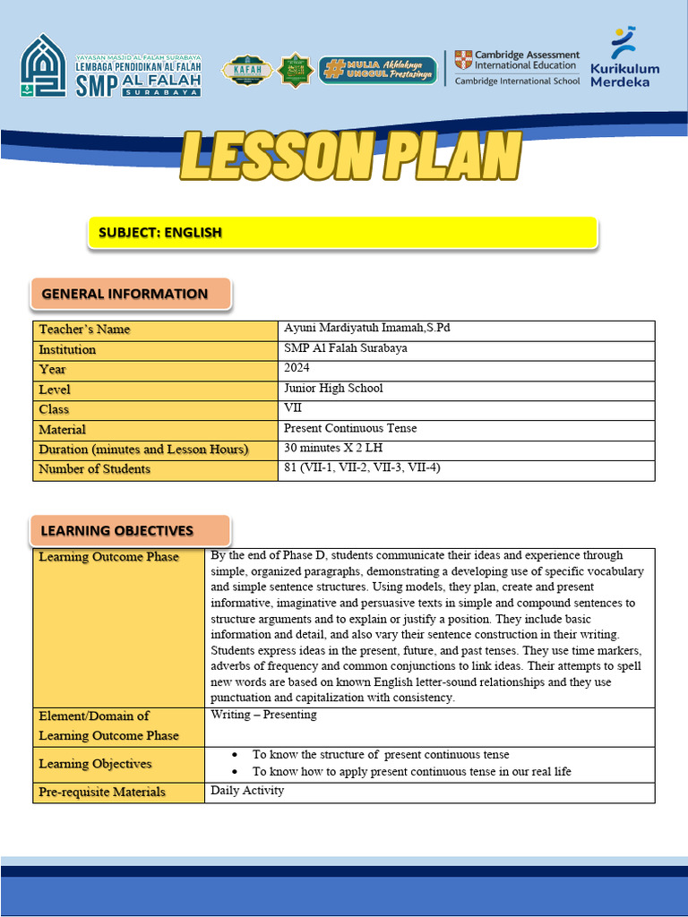 Lesson Plans 7 - Present Continuous Tense | PDF | Teachers ...