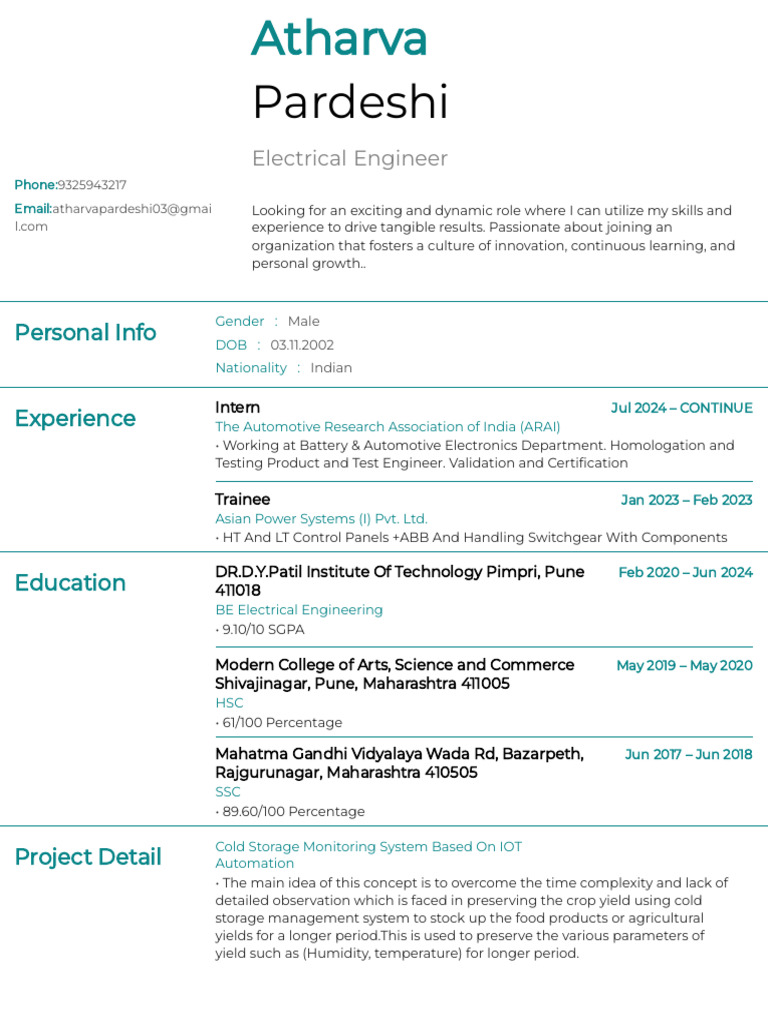 Atharva Pardeshi: Electrical Engineer CV | PDF | Electrical Engineering ...