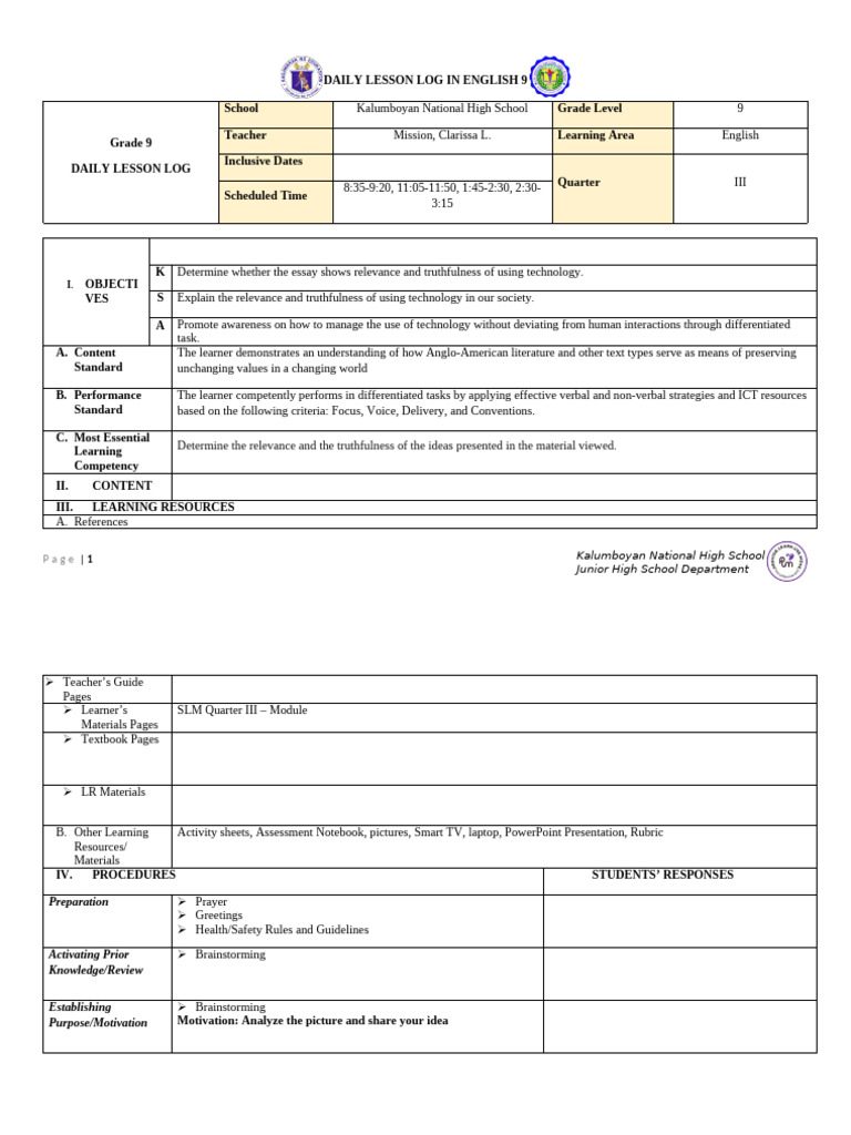 English 9 Daily Lesson Log: Tech Use | PDF | Learning | Educational ...