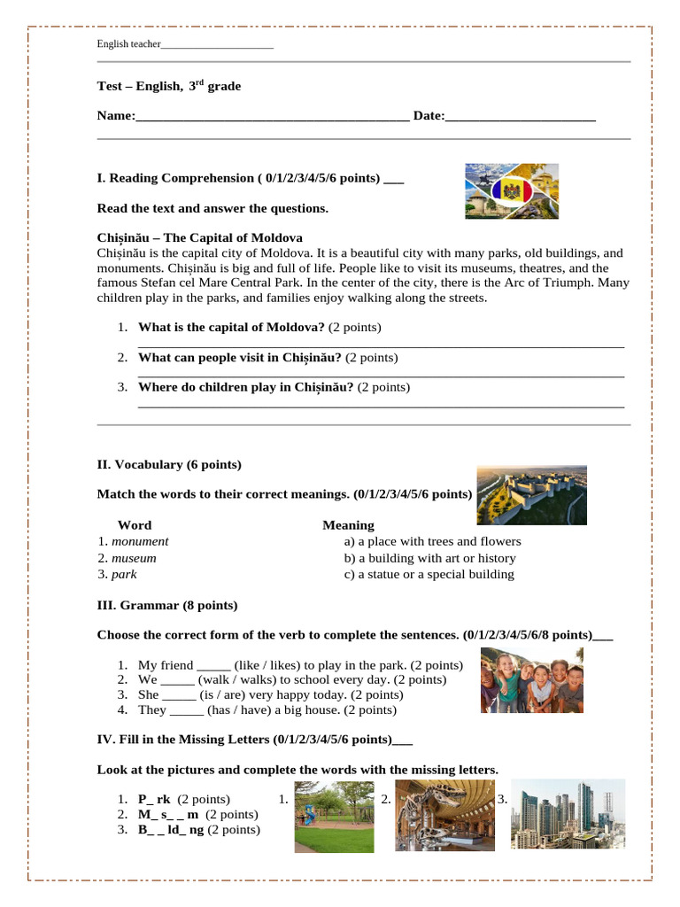 3rd Grade English Test on Chișinău | PDF | Applied Linguistics | Learning