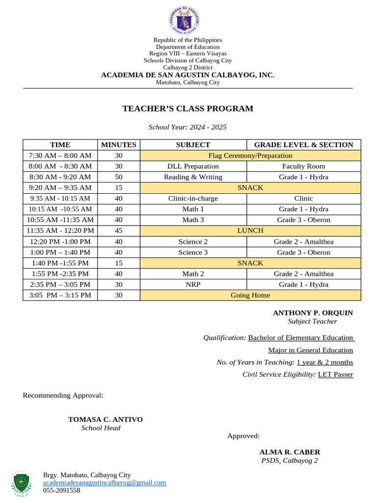 Class-Program & Teachers Program (Grade 1 New) | PDF