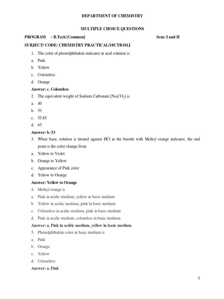 Chemistry Practical MCQs for B.Tech Students | PDF | Ph | Hydroxide