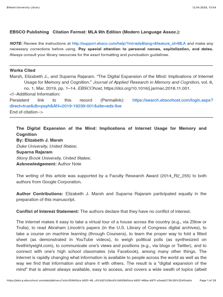 Internet's Impact on Memory and Cognition | PDF | Memory | Internet
