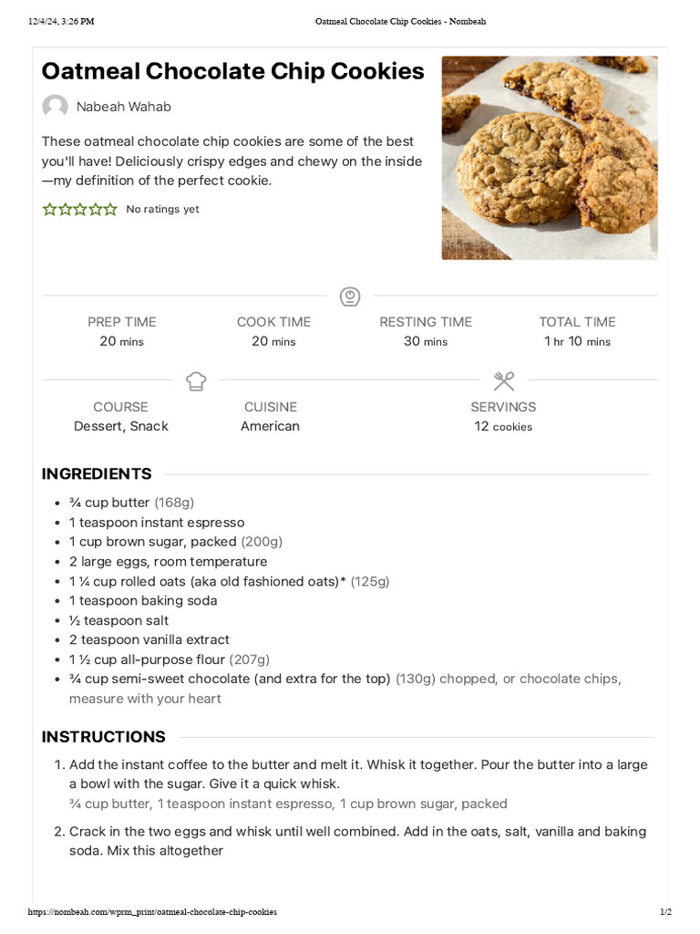 Perfect Oatmeal Chocolate Chip Cookies | PDF | Oatmeal | Teaspoon