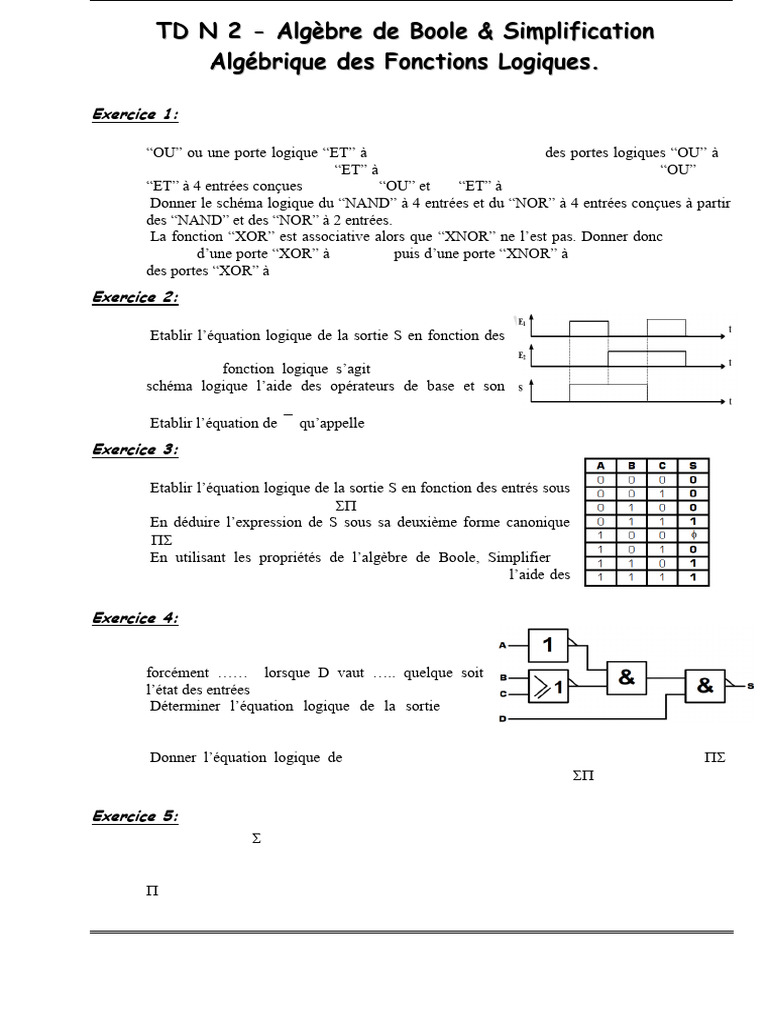 TD2 Electronique numérique | PDF | Algèbre de Boole (logique ...