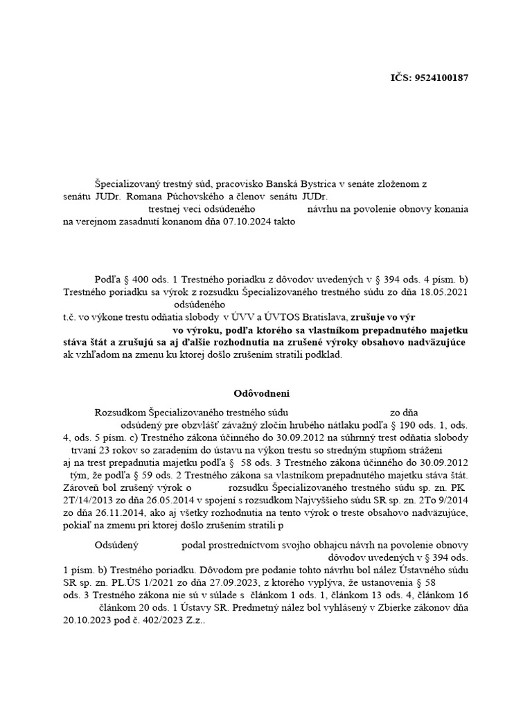 STS Uznesenie Obnova Konania Juraj Ondrejcak | PDF