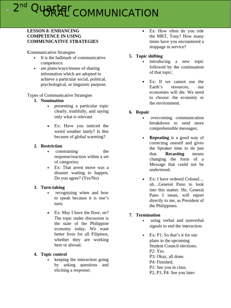 Oral Com Reviewer 2nd Quarter | PDF | Communication | Nonverbal ...