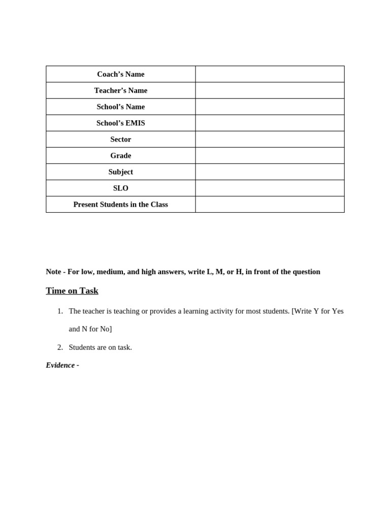Classroom Observation Form - Word Version | PDF | Teachers | Learning