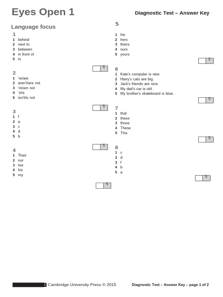 Eyes Open 1 Diagnostic Test Answer Key | PDF