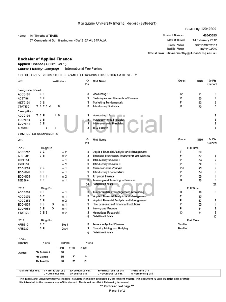 Student Academic Record Summary | PDF | Economics | Economies