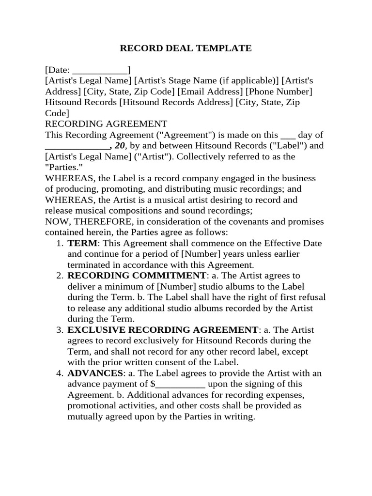 Record Deal Agreement Template | PDF | Royalty Payment | Private Law