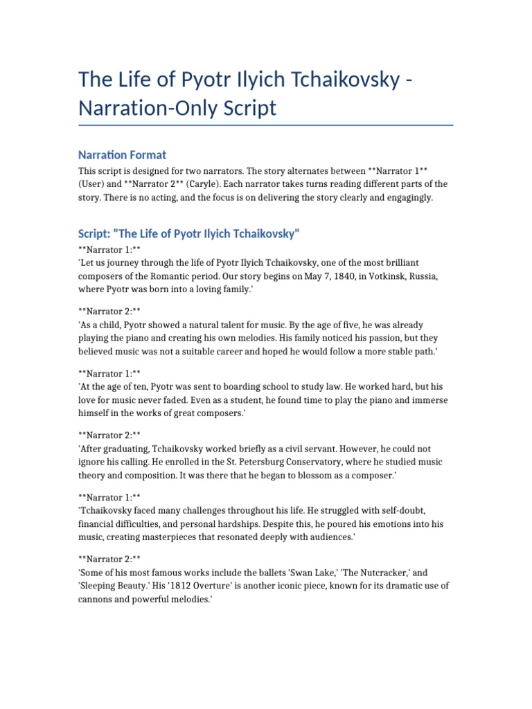Tchaikovsky's Life: A Narration Script | PDF | Pyotr Ilyich Tchaikovsky ...