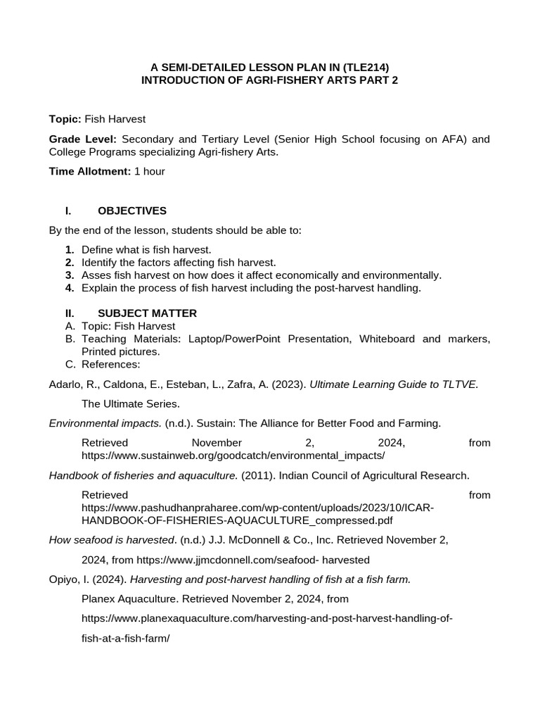 Fish Harvest Lesson Plan for Students | PDF | Aquaculture | Oceanography