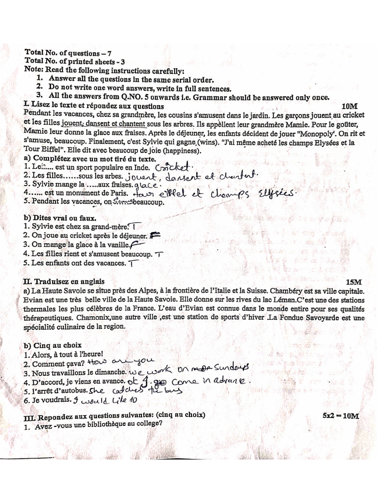 French JR Model Papers | PDF