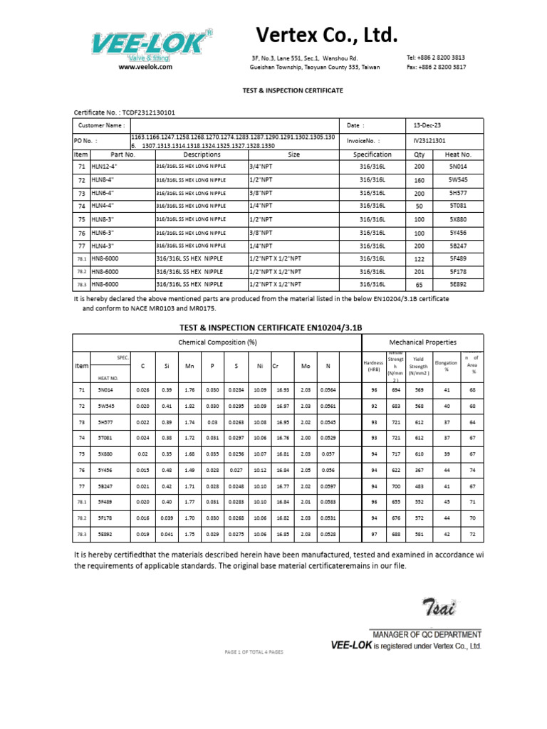 316/316L SS Test Certificate Details | PDF | Secondary Sector Of The ...