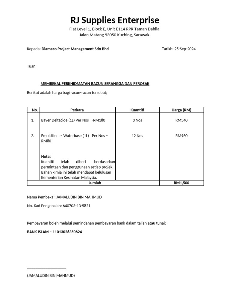 Quotation For Fogging Chemical - RJ Supplies SDN BHD | PDF
