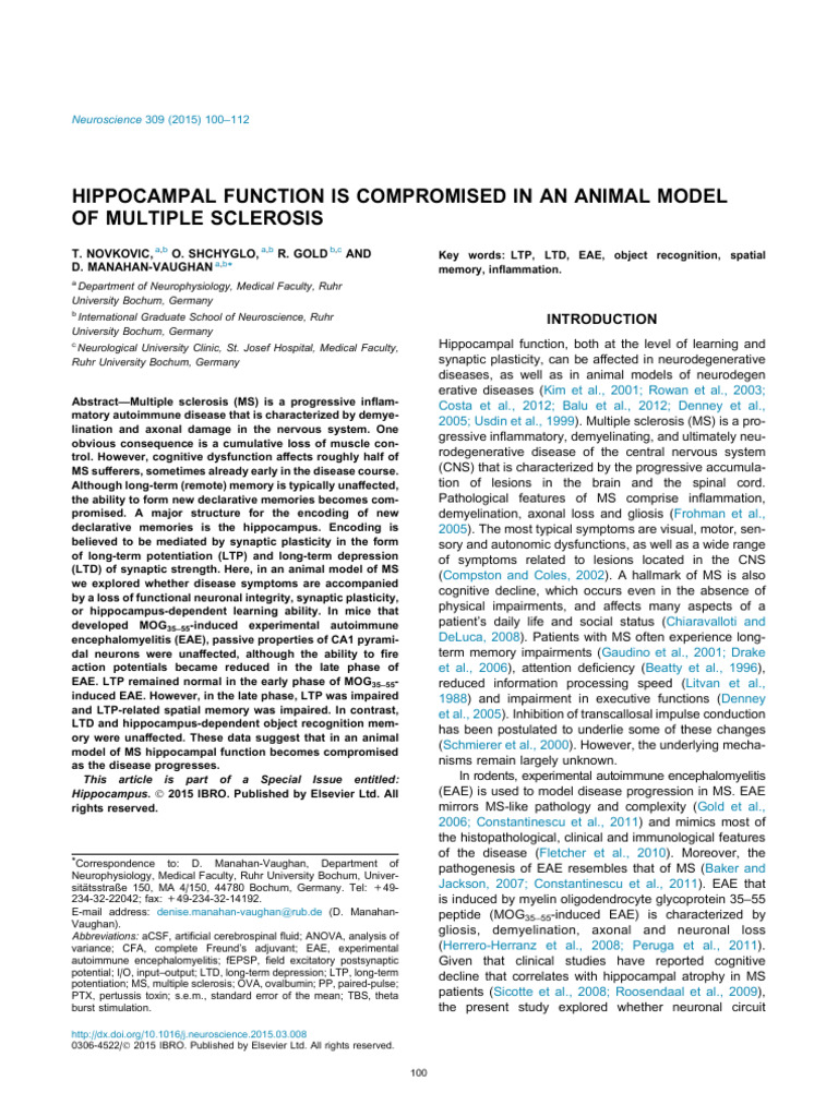 Hippocampal Function Is Compromised in An Animal Model | PDF | Long ...