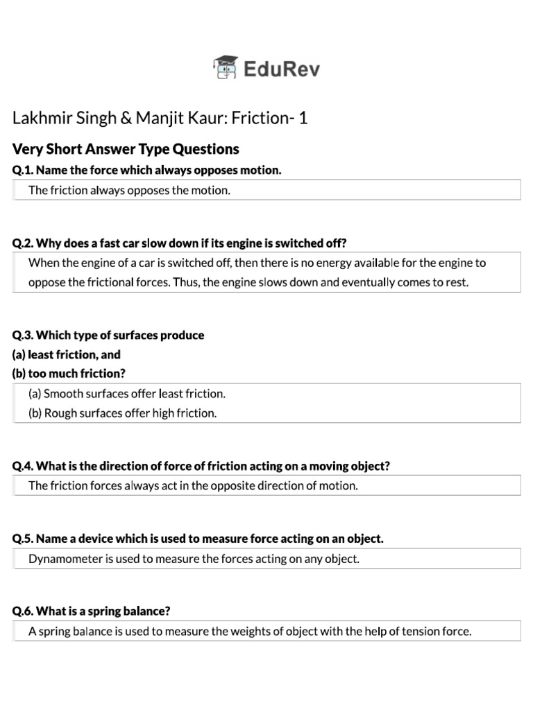 Lakhmir Singh & Manjit Kaur - Friction - 1 - Science Class 8 | PDF