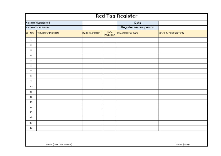 Red Tag Register Template | PDF