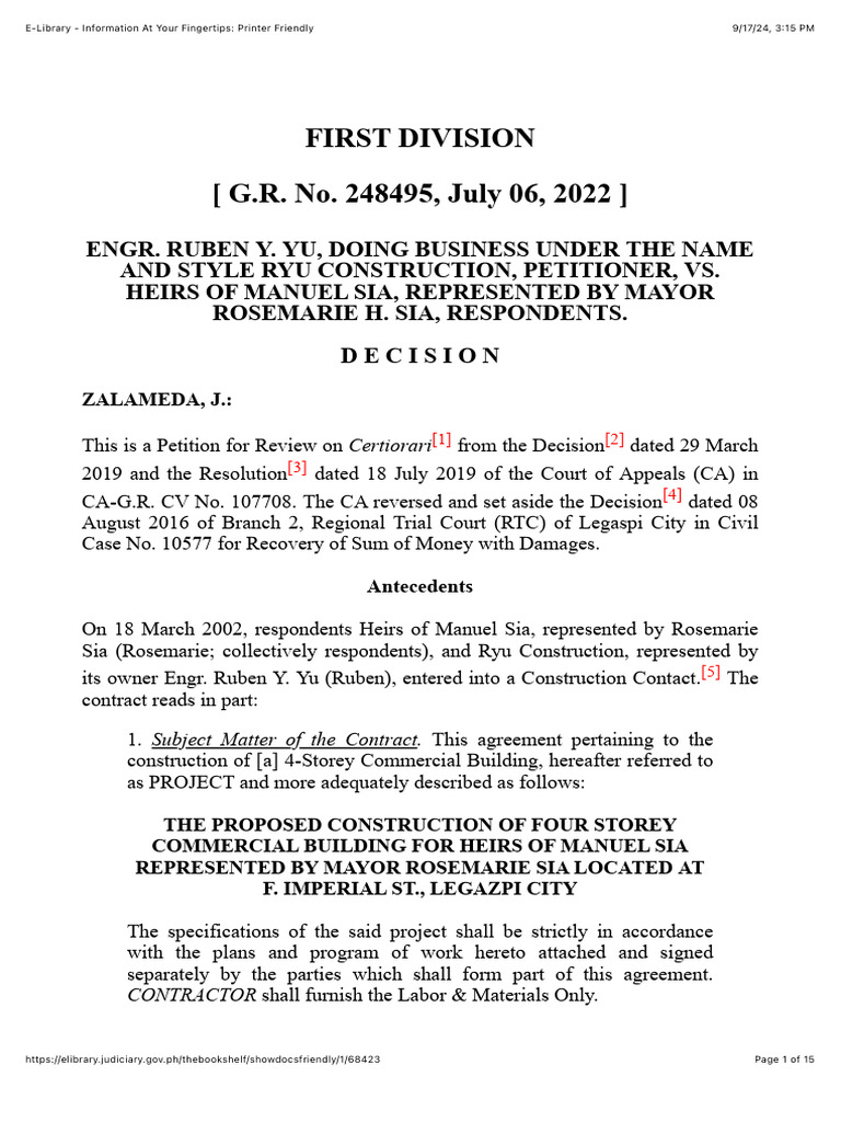 Ryu Construction vs. Sia Heirs Case Summary | PDF | Lawsuit | Public Law