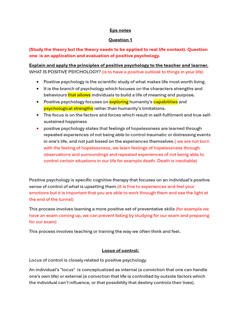EPS Notes Questions 1.2 Tamzyn | PDF | Positive Psychology | Existentialism