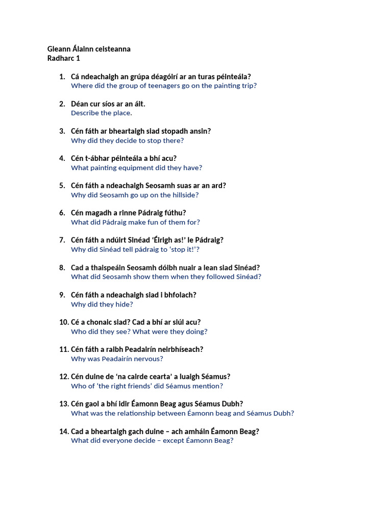 Gleann+A Lainn+ceisteanna+scene+1+with+translation | PDF