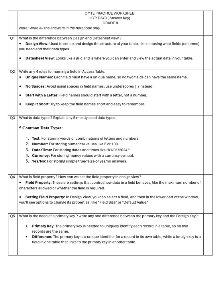Grade 8 Access Database Worksheet | PDF | Data Type | Computing
