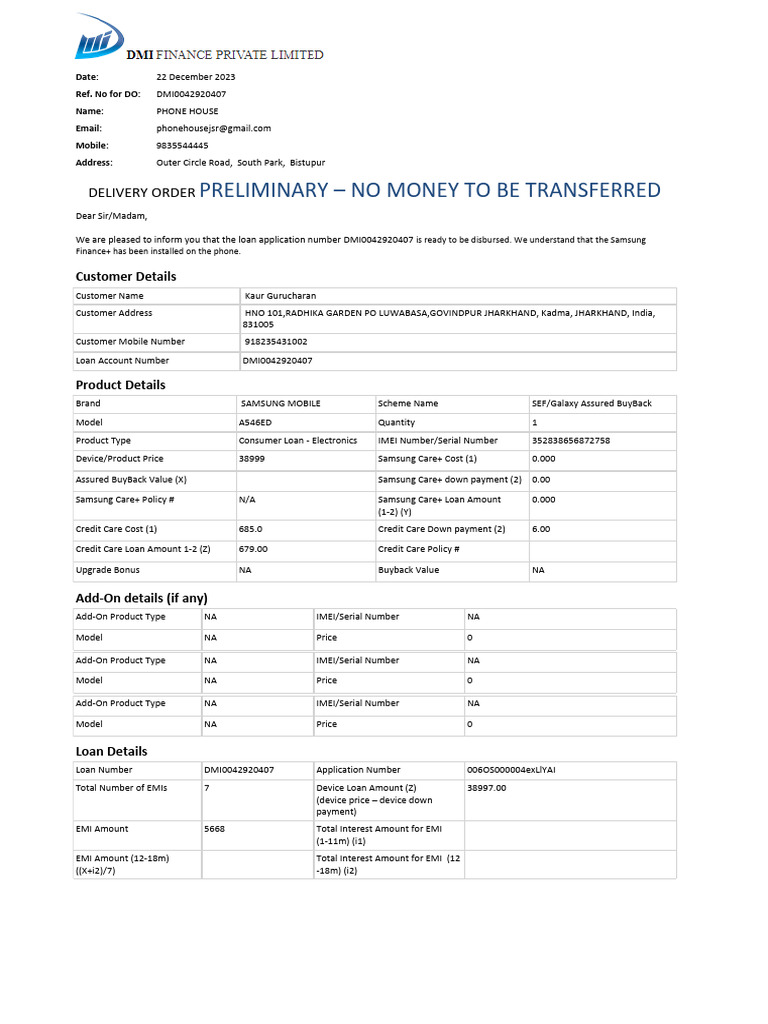 Loan Disbursement Delivery Order | PDF | Prices | Loans
