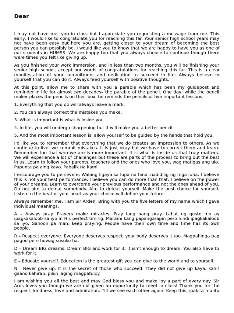 Inspirational Message for Immersion Students | PDF