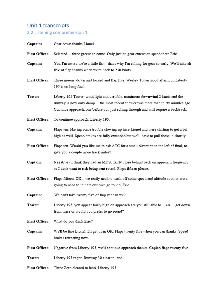 Unit 1 Transcripts 3.2 Listening Comprehension 1 | PDF | Aviation ...