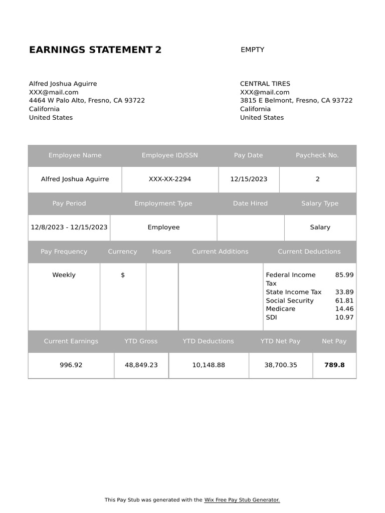 Free Pay Stub Example for Employees | PDF