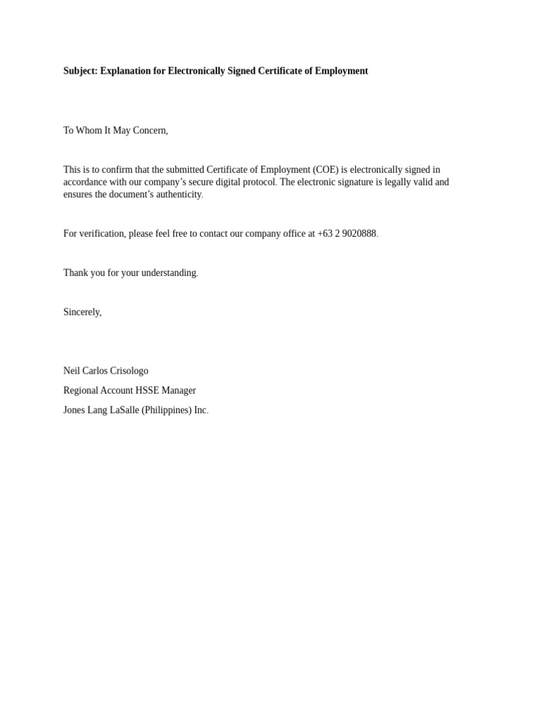 Authentication Letter - Electronically Signed Certificate | PDF