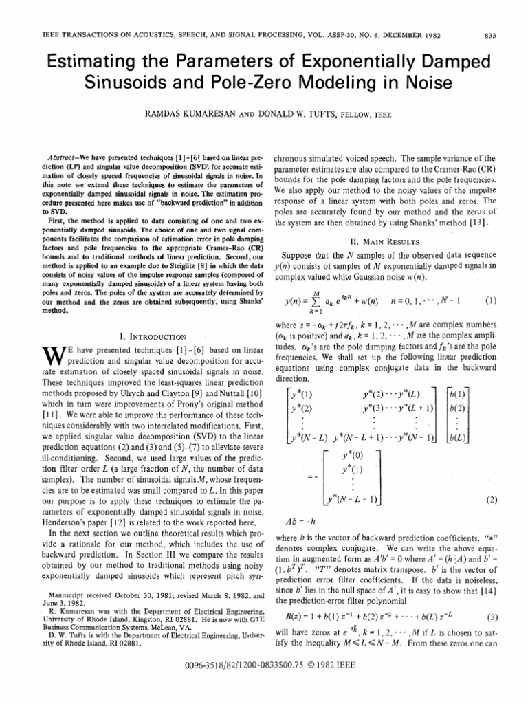 Damped Sinusoid Estimation Techniques | PDF | Signal To Noise Ratio ...