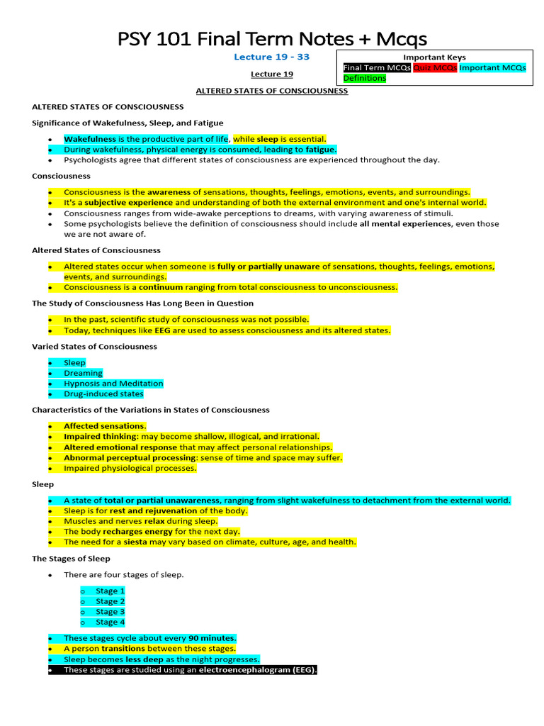 PSY 101 Final Term Notes + Mcqs | PDF | Classical Conditioning | Sleep
