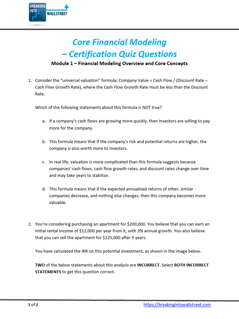 Financial Modeling Certification Quiz | PDF | Internal Rate Of Return ...