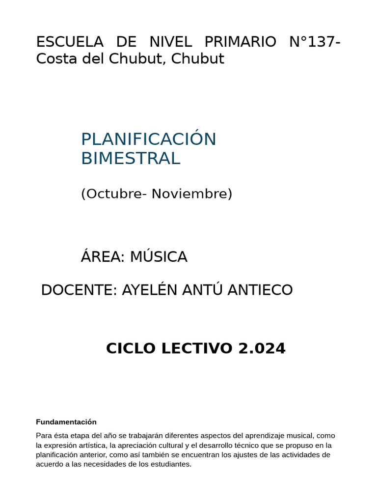 Planificación Musical Bimestral 2024 | PDF | Canciones | Ritmo