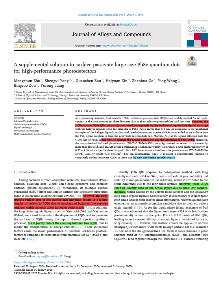 33 - Surface-Passivate Large-Size PbSe Quantum Dots | PDF | Physical ...