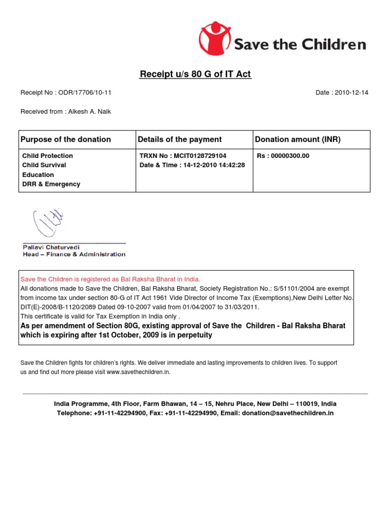 80G Donation Receipt for Save the Children | PDF | Finance & Money ...